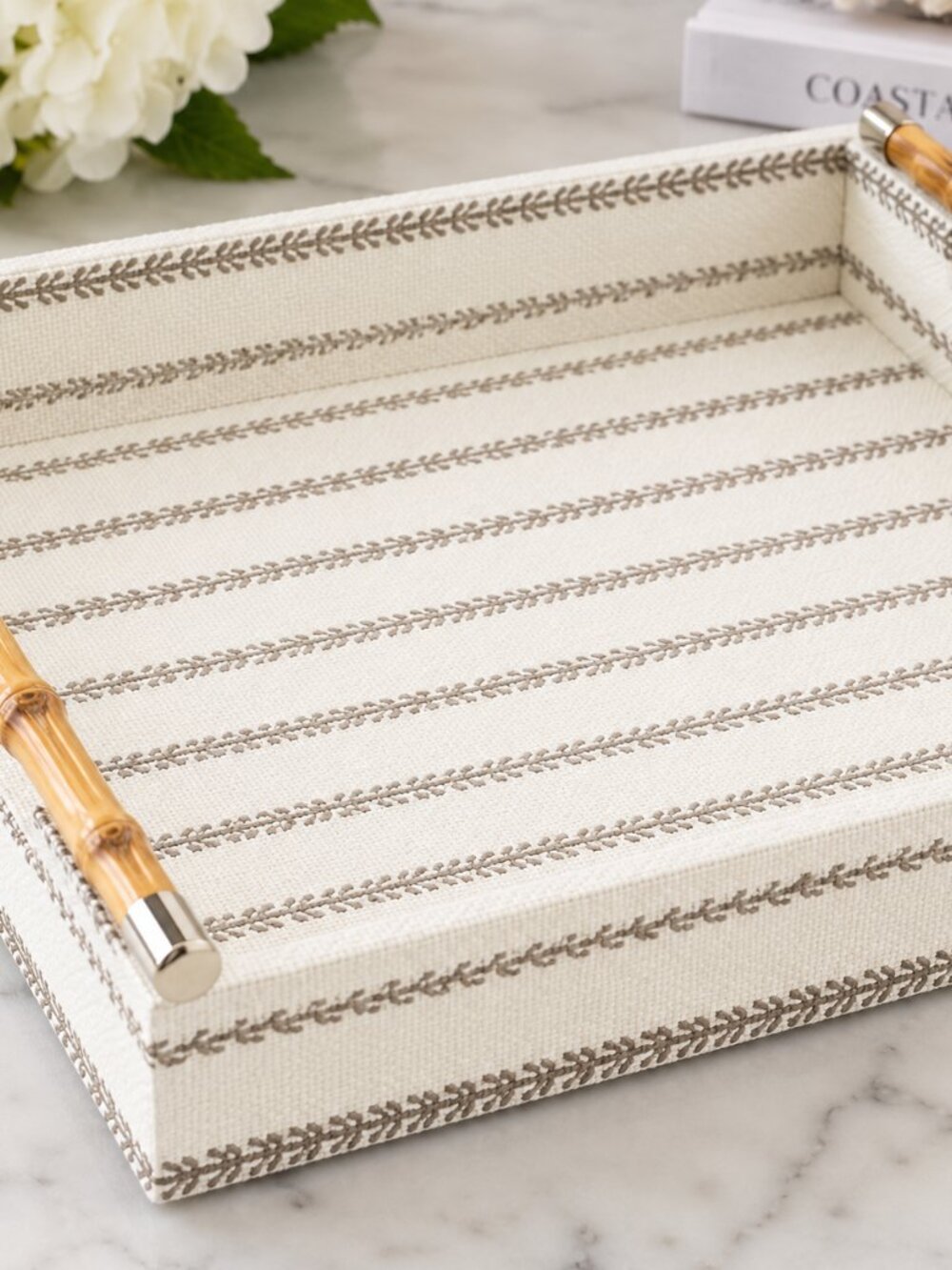 NWT Natia Faux Linen Tray with Bamboo Handles